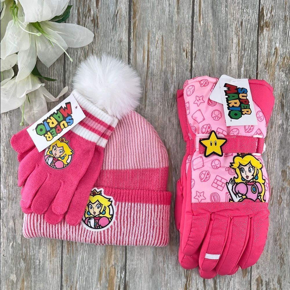 Girls Super Mario Princess Peach Pink Winter Hat and Gloves Set